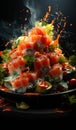 Japan sushi splashing on a plate. Delicious asian traditional food. Generative AI