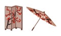 Japan Symbols with Folding Screen and Umbrella with Sakura Ornament Vector Set