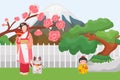 Japan Symbols Landmarks Vector Illustration. Traditional Japanese Asian Characters Geisha, Maneki Neko Cat, Doll. Bonsai