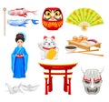 Japan Symbols with Origami Figures and Geisha Girl Vector Set