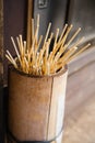 Japan Takayama Skewers for Japanese dumplings Dango in wooden bucket Royalty Free Stock Photo