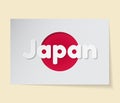 Japan theme vector illustration. Sticker in the shape of a flag with a cut out red circle. Applique inscription. Modern