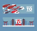 Japan tour banners, vector illustration. Symbols of Asian culture, popular tourist landmarks. Pagoda, torii gate and Royalty Free Stock Photo