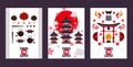 Japan tour banners, vector illustration. Symbols of Asian culture, popular tourist landmarks. Pagoda, torii gate, sushi Royalty Free Stock Photo