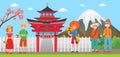 Japan tourism and travel concept vector illustration. Different happy tourists coming in Japan near landmarks and Royalty Free Stock Photo