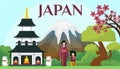 Japan tourism and travel concept vector illustration. Japanese landmarks, attraction and symbols. Mount Fudjiyama Royalty Free Stock Photo