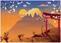 Japan tourism vector. Sakura blossom, mount fuji, sunset and torii shrine