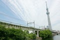 Japan tower, building river, train track with sky