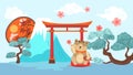 Japan traditional elements banner. Neko cat and gates, flying sakura flowers. Volcano, bonsai tree and oriental