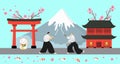 Japan traditional elements, samurai vector illustration. Asian country landscape, pagoda design sakura and high snowy
