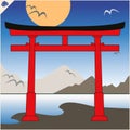 Japan traditional gate torii , sky and mountaine. Vector. EPS