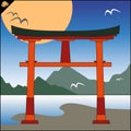 Japan traditional gate torii , sky and mountaine. Vector. EPS