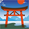 Japan traditional gate torii , sky and mountaine. Vector. EPS