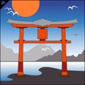 Japan traditional gate torii , sky and mountaine. Vector. EPS