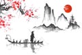Japan Traditional japanese painting Sumi-e art Man with boat Royalty Free Stock Photo