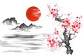 Japan Traditional japanese painting Sumi-e art Sun Mountain Sakura Lake