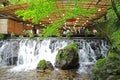 Japan traditional outdoor restaurant, zen garden, waterfall, green plants Royalty Free Stock Photo