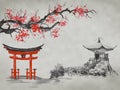 Japan traditional sumi-e painting. Fuji mountain, sakura, sunset. Japan sun. Indian ink illustration. Japanese picture. Royalty Free Stock Photo