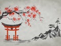 Japan traditional sumi-e painting. Fuji mountain, sakura, sunset. Japan sun. Indian ink illustration. Japanese picture. Royalty Free Stock Photo