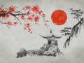 Japan traditional sumi-e painting. Fuji mountain, sakura, sunset. Japan sun. Indian ink illustration. Japanese picture. Royalty Free Stock Photo