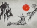 Japan traditional sumi-e painting. Fuji mountain, sakura, sunset. Japan sun. Indian ink illustration. Japanese picture. Royalty Free Stock Photo