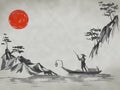 Japan traditional sumi-e painting. Fuji mountain, sakura, sunset. Japan sun. Indian ink illustration. Japanese picture. Royalty Free Stock Photo