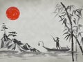 Japan traditional sumi-e painting. Fuji mountain, sakura, sunset. Japan sun. Indian ink illustration. Japanese picture. Royalty Free Stock Photo