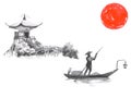 Japan traditional sumi-e painting. Fuji mountain, sakura, sunset. Japan sun. Indian ink illustration. Japanese picture.