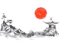 Japan traditional sumi-e painting. Fuji mountain, sakura, sunset. Japan sun. Indian ink illustration. Japanese picture. Royalty Free Stock Photo