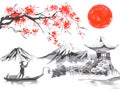 Japan traditional sumi-e painting. Fuji mountain, sakura, sunset. Japan sun. Indian ink illustration. Japanese picture.