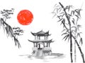 Japan traditional sumi-e painting. Fuji mountain, sakura, sunset. Japan sun. Indian ink illustration. Japanese picture. Royalty Free Stock Photo