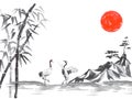 Japan traditional sumi-e painting. Fuji mountain, sakura, sunset. Japan sun. Indian ink illustration. Japanese picture. Royalty Free Stock Photo