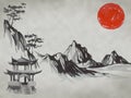 Japan traditional sumi-e painting. Fuji mountain, sakura, sunset. Japan sun. Indian ink illustration. Japanese picture. Royalty Free Stock Photo