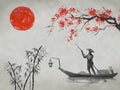 Japan traditional sumi-e painting. Fuji mountain, sakura, sunset. Japan sun. Indian ink illustration. Japanese picture. Royalty Free Stock Photo