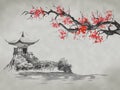 Japan traditional sumi-e painting. Fuji mountain, sakura, sunset. Japan sun. Indian ink illustration. Japanese picture. Royalty Free Stock Photo