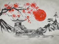 Japan traditional sumi-e painting. Fuji mountain, sakura, sunset. Japan sun. Indian ink illustration. Japanese picture. Royalty Free Stock Photo