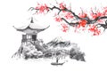 Japan traditional sumi-e painting. Fuji mountain, sakura, sunset. Japan sun. Indian ink illustration. Japanese picture. Royalty Free Stock Photo