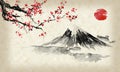 Japan traditional sumi-e painting. Fuji mountain, sakura, sunset. Japan sun. Indian ink illustration. Japanese picture.