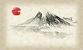 Japan traditional sumi-e painting. Fuju mountain. Indian ink illustration. Japanese picture.