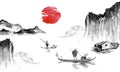 Japan traditional sumi-e painting. Indian ink illustration. Japanese picture. Man, boat, mountains Royalty Free Stock Photo