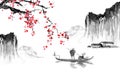 Japan traditional sumi-e painting. Indian ink illustration. Japanese picture. Man, boat, sakura, mountains Royalty Free Stock Photo