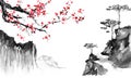 Japan traditional sumi-e painting. Indian ink illustration. Japanese picture. Sakura and mountains