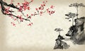 Japan traditional sumi-e painting. Indian ink illustration. Japanese picture. Sakura and mountains