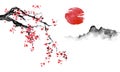 Japan traditional sumi-e painting. Indian ink illustration. Japanese picture. Sakura, sun and mountain