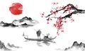 Japan traditional sumi-e painting. Indian ink illustration. Man and boat. Mountain landscape with sakura. Sunset, dusk Royalty Free Stock Photo