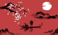 Japan traditional sumi-e painting. Indian ink illustration. Man and boat. Mountain landscape with sakura. Sunset, dusk Royalty Free Stock Photo