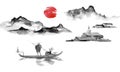 Japan traditional sumi-e painting. Indian ink illustration. Man and boat. Mountain landscape. Sunset, dusk. Japanese Royalty Free Stock Photo