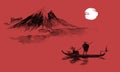 Japan traditional sumi-e painting. Indian ink illustration. Man and boat. Mountain landscape. Sunset, dusk. Japanese Royalty Free Stock Photo