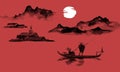 Japan traditional sumi-e painting. Indian ink illustration. Man and boat. Mountain landscape. Sunset, dusk. Japanese Royalty Free Stock Photo