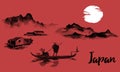 Japan traditional sumi-e painting. Indian ink illustration. Man and boat. Sunset, dusk. Japanese picture. Royalty Free Stock Photo